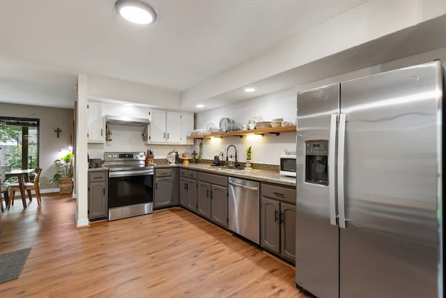 kitchen with stainless steel appliances, a sink, light wood finished floors, recessed lighting, and open shelves