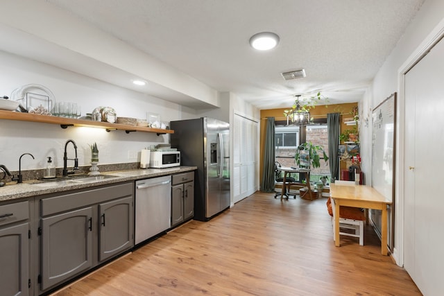 kitchen featuring stainless steel appliances, gray cabinets, open shelves, a sink, and light wood finished floors