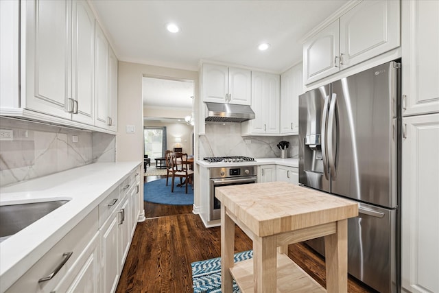 6026 Lake St, West University Place, TX 77005 - kitchen featuring appliances with stainless steel finishes, under cabinet range hood, white cabinets, tasteful backsplash, and recessed lighting
