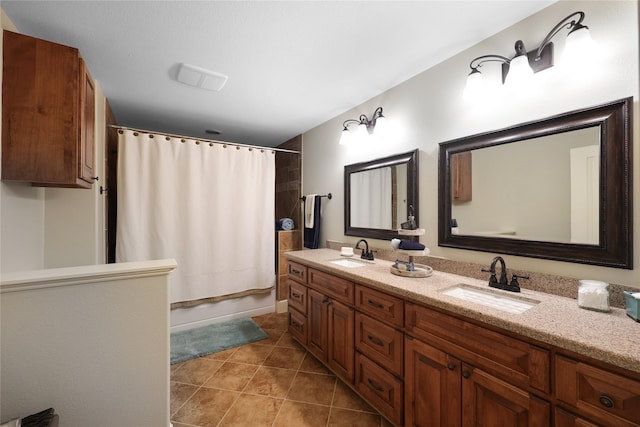 5523 Harvest Oak Landing Dr, Spring, TX 77386 - full bathroom featuring shower / bathtub combination with curtain, tile patterned floors, and double vanity