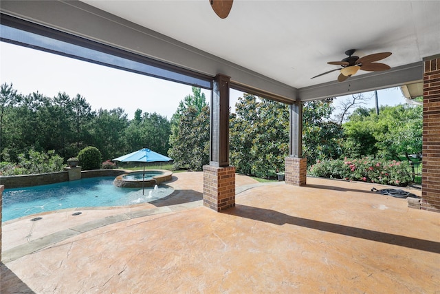 5523 Harvest Oak Landing Dr, Spring, TX 77386 - view of patio featuring ceiling fan and a pool with connected hot tub