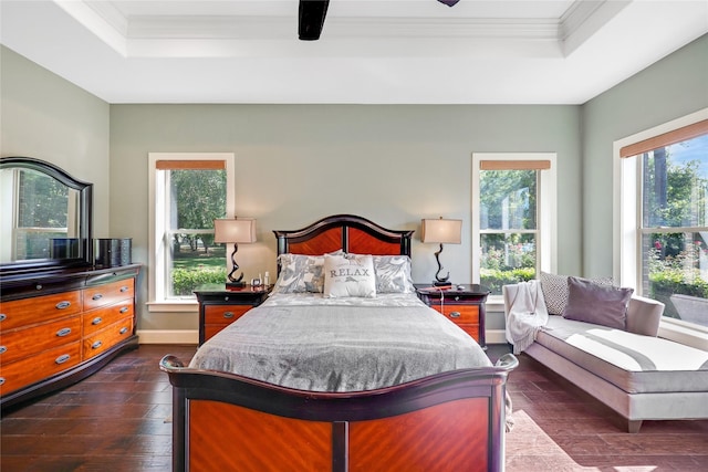 5523 Harvest Oak Landing Dr, Spring, TX 77386 - bedroom with a tray ceiling, multiple windows, dark wood-style floors, ornamental molding, and baseboards