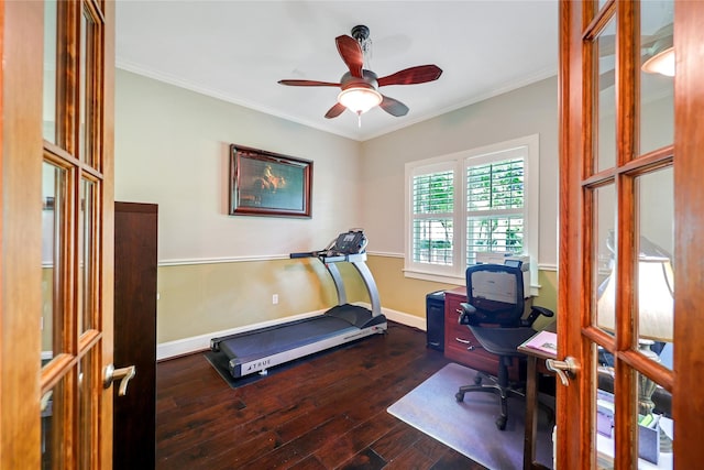 5523 Harvest Oak Landing Dr, Spring, TX 77386 - office area featuring wood-type flooring, a ceiling fan, crown molding, and baseboards