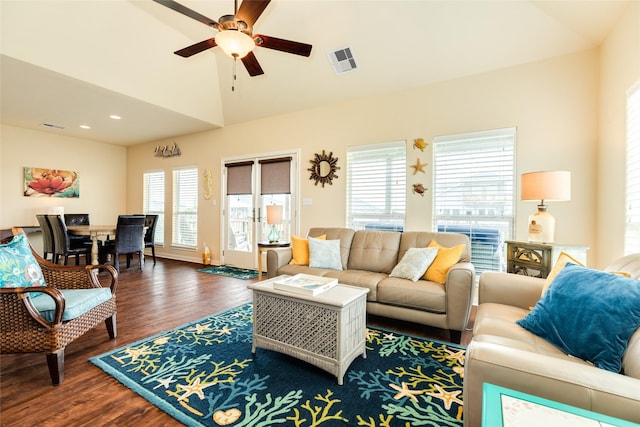 4126 Grayson Dr, Galveston, TX 77554 - living area with ceiling fan, dark wood finished floors, recessed lighting, and high vaulted ceiling