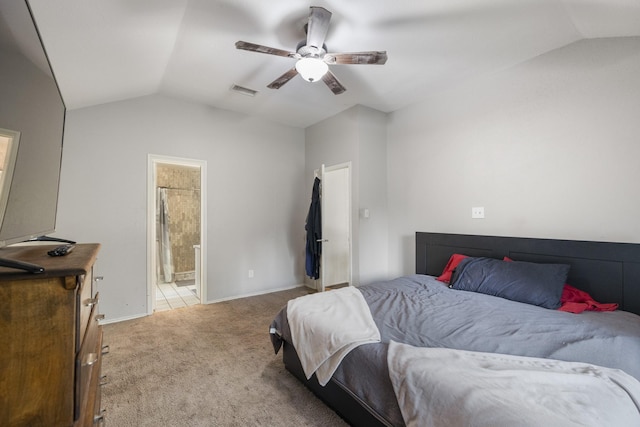 17310 Chaseloch St, Spring, TX 77379 - bedroom with vaulted ceiling, carpet, connected bathroom, a ceiling fan, and baseboards