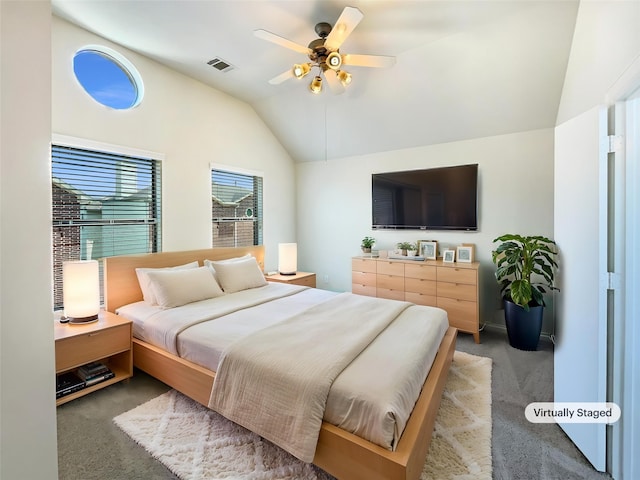 3701 Main Plaza Dr, Houston, TX 77025 - carpeted bedroom with lofted ceiling and a ceiling fan