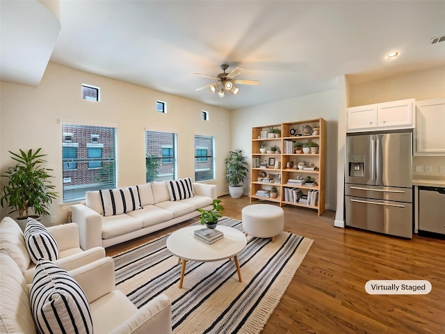 3701 Main Plaza Dr, Houston, TX 77025 - living room featuring a ceiling fan, wood finished floors, and recessed lighting