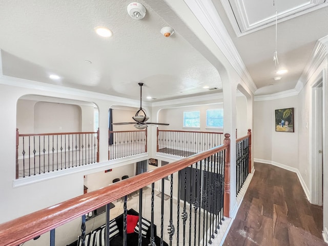 5715 Ladonia St, Arcola, TX 77583 - hall with attic access, wood finished floors, ornamental molding, baseboards, and recessed lighting