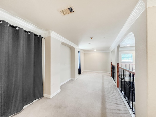 5715 Ladonia St, Arcola, TX 77583 - hallway with crown molding, light colored carpet, and baseboards