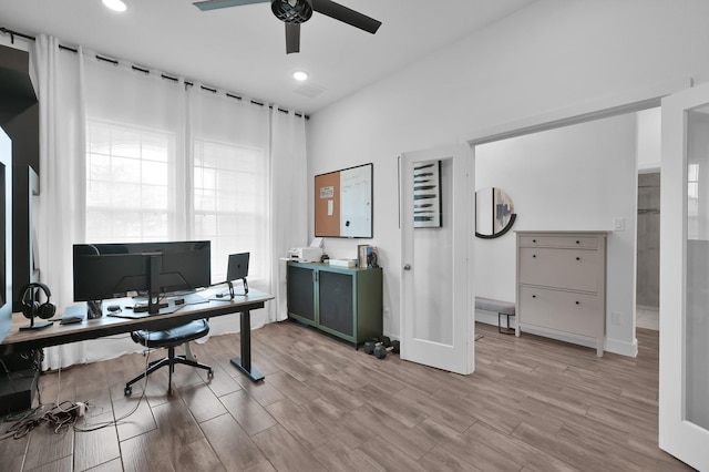 2807 Kingly Pine Trl, Conroe, TX 77385 - home office with ceiling fan, wood finished floors, baseboards, and recessed lighting