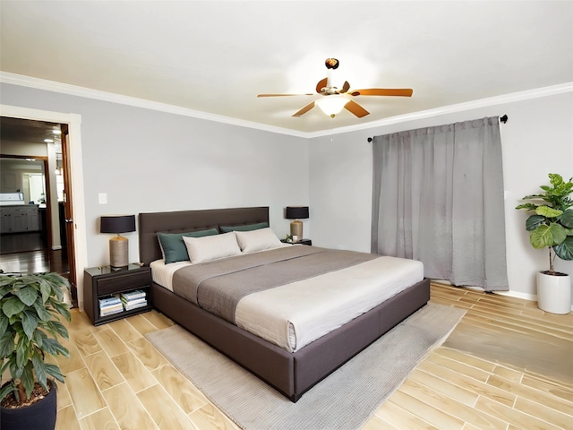 15007 Pebble Bend Dr, Houston, TX 77068 - bedroom with wood tiled floors, ornamental molding, ceiling fan, and baseboards