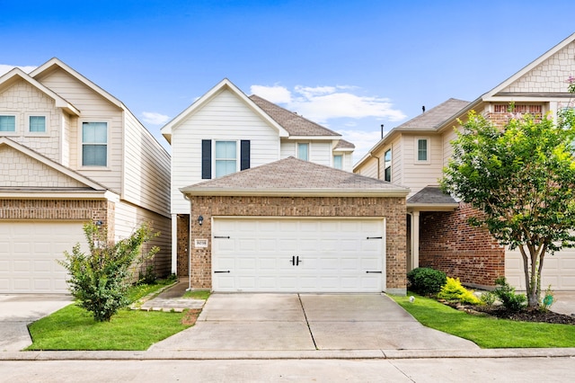 8038 Villa Lago Ln, Houston, TX 77070 - traditional-style home with brick siding, driveway, an attached garage, and a shingled roof