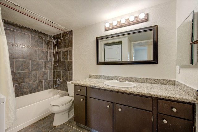 bathroom with shower / bath combo, vanity, toilet, and tile patterned floors