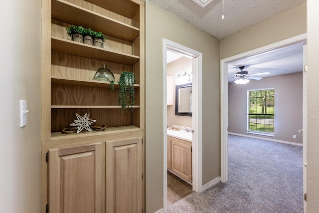 304 Inverness St, Huntsville, TX 77340 - corridor featuring a textured ceiling, light carpet, and baseboards