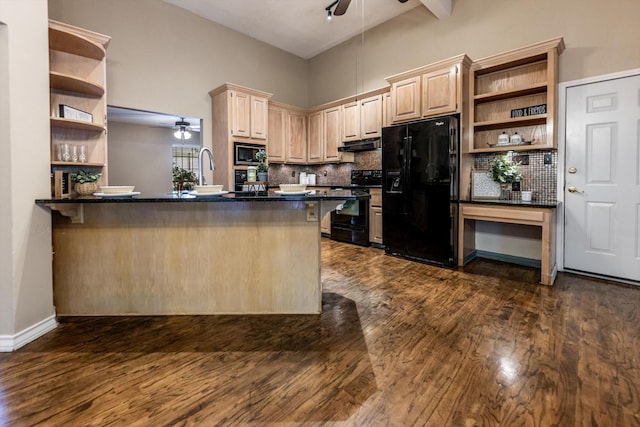 304 Inverness St, Huntsville, TX 77340 - kitchen featuring open shelves, black appliances, ceiling fan, and dark wood-type flooring