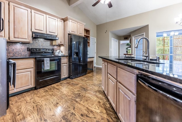 304 Inverness St, Huntsville, TX 77340 - kitchen featuring black appliances, under cabinet range hood, a sink, decorative backsplash, and light brown cabinetry