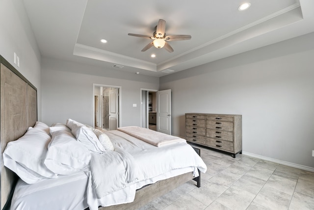 192 Primrose Path, Canyon Lake, TX 78133 - bedroom featuring a raised ceiling, recessed lighting, ornamental molding, ceiling fan, and connected bathroom