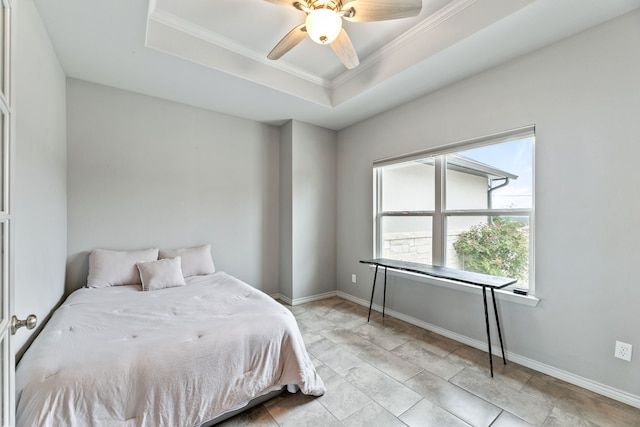 192 Primrose Path, Canyon Lake, TX 78133 - bedroom featuring a tray ceiling, crown molding, and ceiling fan