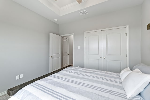 192 Primrose Path, Canyon Lake, TX 78133 - bedroom with a closet, a raised ceiling, and crown molding