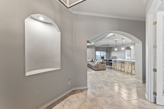 192 Primrose Path, Canyon Lake, TX 78133 - corridor featuring crown molding, baseboards, and arched walkways