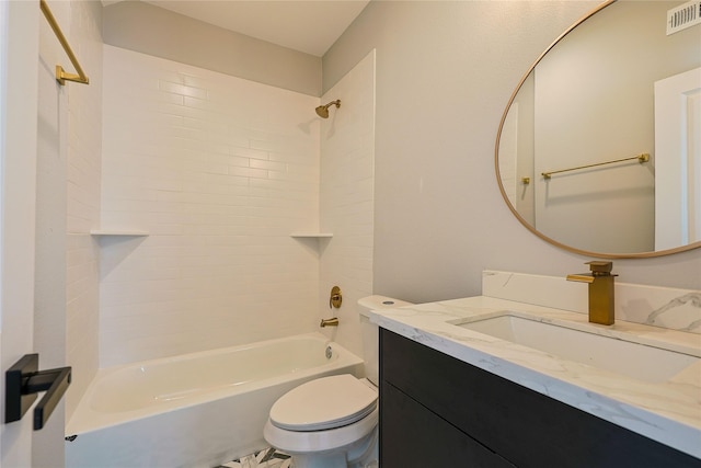 full bathroom with toilet, tub / shower combination, and vanity