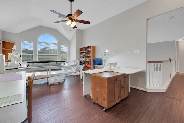 2331 Fern Bend Ln, Katy, TX 77494 - office space with dark wood finished floors, ceiling fan, and lofted ceiling