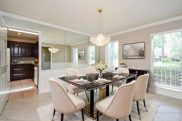 13602 Wendelyn Ln, Houston, TX 77069 - dining space featuring a chandelier, light tile patterned flooring, and ornamental molding