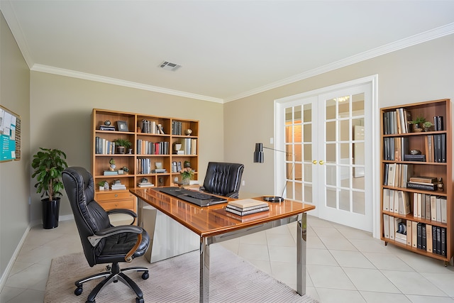 13602 Wendelyn Ln, Houston, TX 77069 - office with french doors, ornamental molding, light tile patterned flooring, and baseboards