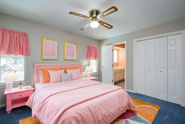 13602 Wendelyn Ln, Houston, TX 77069 - bedroom featuring carpet flooring, a closet, ensuite bath, ceiling fan, and baseboards