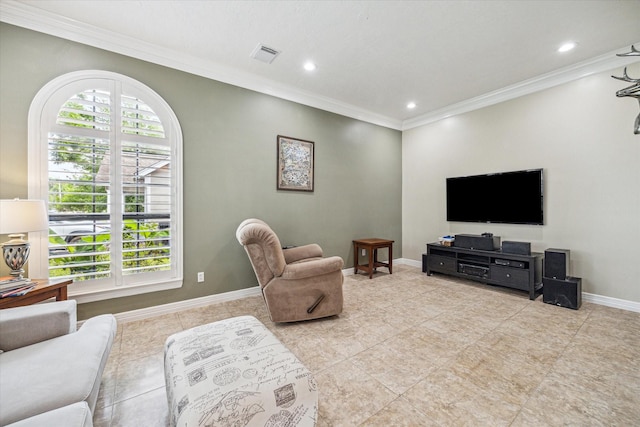 1015 W 41st St, Houston, TX 77018 - tiled living room with ornamental molding, baseboards, and recessed lighting