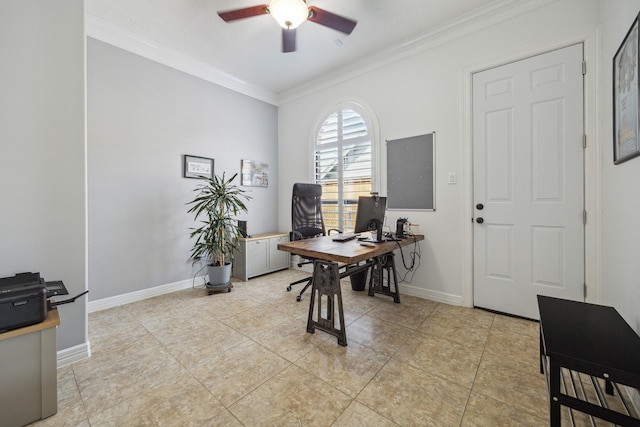 1015 W 41st St, Houston, TX 77018 - office space with ceiling fan, ornamental molding, light tile patterned floors, and baseboards