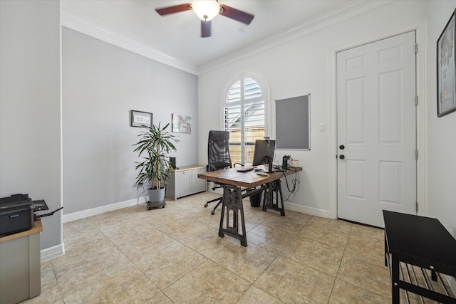 1015 W 41st St, Houston, TX 77018 - office space with a ceiling fan, crown molding, light tile patterned floors, and baseboards
