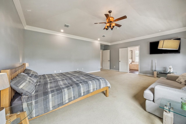 1015 W 41st St, Houston, TX 77018 - carpeted bedroom featuring baseboards, ornamental molding, a ceiling fan, connected bathroom, and recessed lighting
