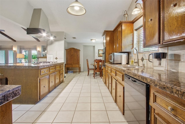 1110 Cheshire Ln, Houston, TX 77018 - kitchen featuring dishwasher, a sink, brown cabinetry, exhaust hood, and light tile patterned flooring