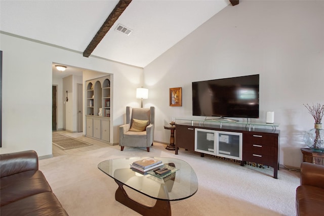 1110 Cheshire Ln, Houston, TX 77018 - living room featuring beamed ceiling, baseboards, light carpet, built in features, and high vaulted ceiling