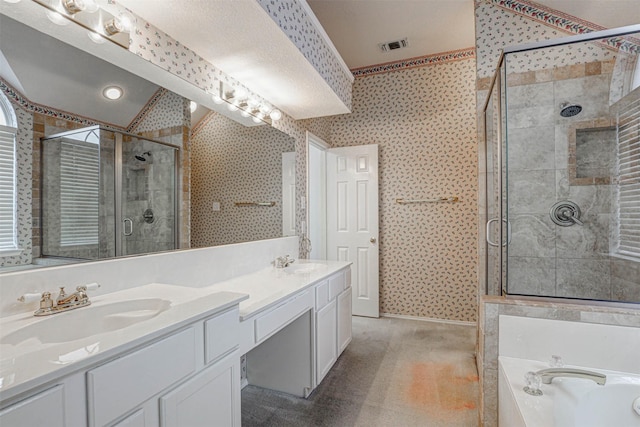 5316 Lake Mead Trl, Fort Worth, TX 76137 - full bathroom featuring wallpapered walls, a stall shower, double vanity, and a garden tub