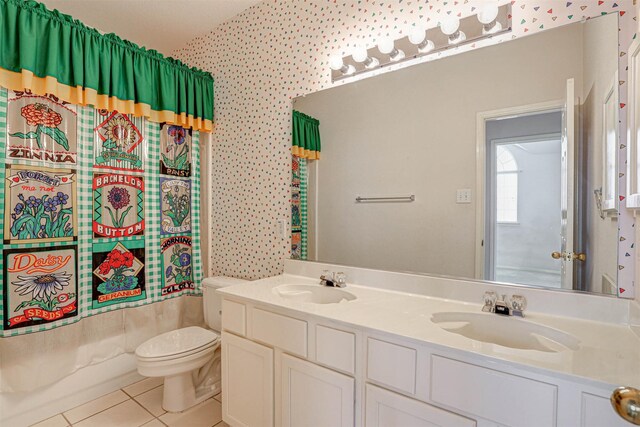 5316 Lake Mead Trl, Fort Worth, TX 76137 - bathroom featuring tile patterned flooring, toilet, shower / tub combo with curtain, and double vanity