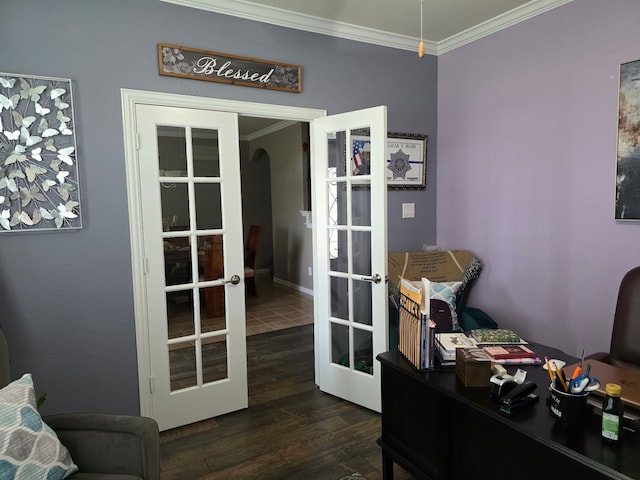 office featuring french doors, crown molding, dark wood-style floors, and arched walkways
