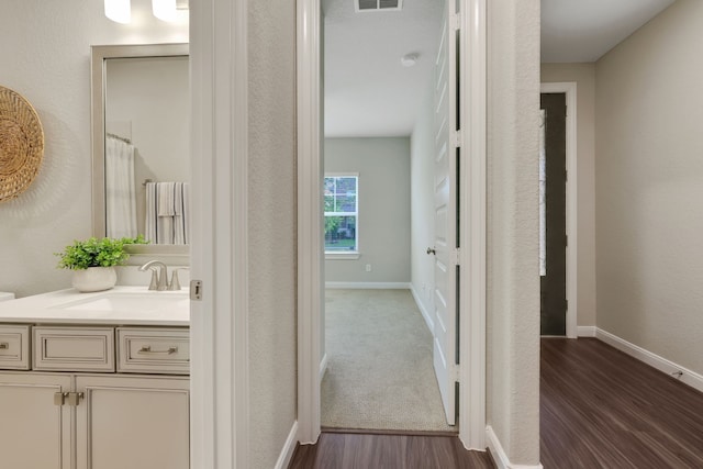 21310 Baldovin Way, Tomball, TX 77375 - bathroom featuring wood finished floors, vanity, and baseboards