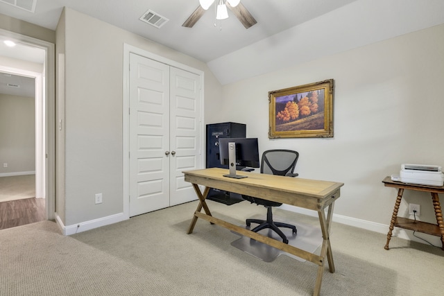 21310 Baldovin Way, Tomball, TX 77375 - office area featuring light carpet, ceiling fan, baseboards, and lofted ceiling