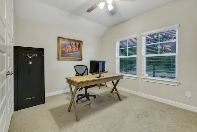 21310 Baldovin Way, Tomball, TX 77375 - office space featuring light carpet, ceiling fan, baseboards, and lofted ceiling