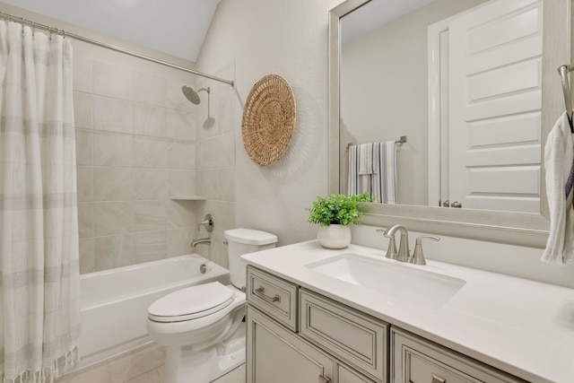 21310 Baldovin Way, Tomball, TX 77375 - full bathroom with shower / bath combination with curtain, toilet, vanity, and lofted ceiling
