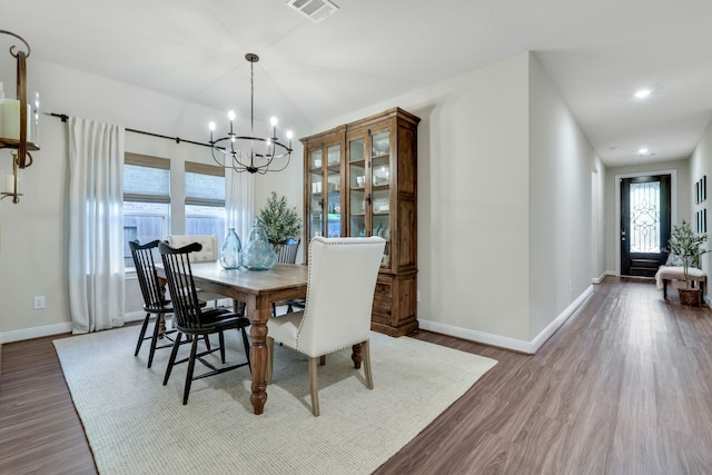 21310 Baldovin Way, Tomball, TX 77375 - dining space featuring a chandelier, baseboards, plenty of natural light, dark wood-type flooring, and recessed lighting