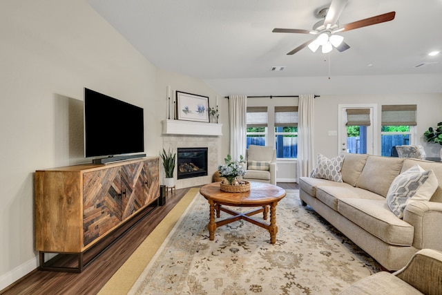 21310 Baldovin Way, Tomball, TX 77375 - living room featuring wood finished floors, a fireplace, baseboards, a ceiling fan, and recessed lighting