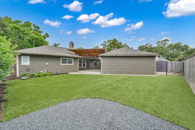 2806 Triway Ln, Houston, TX 77043 - rear view of property featuring a patio, a chimney, a storage shed, and an outdoor structure