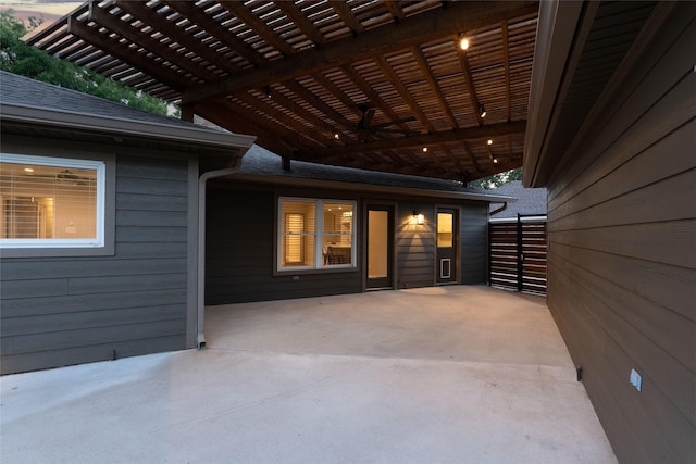 2806 Triway Ln, Houston, TX 77043 - doorway to property with a pergola, ceiling fan, a patio, and a shingled roof