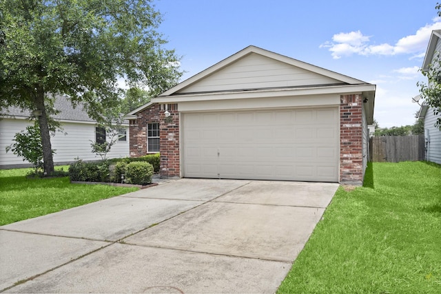 single story home with brick siding, concrete driveway, and a garage