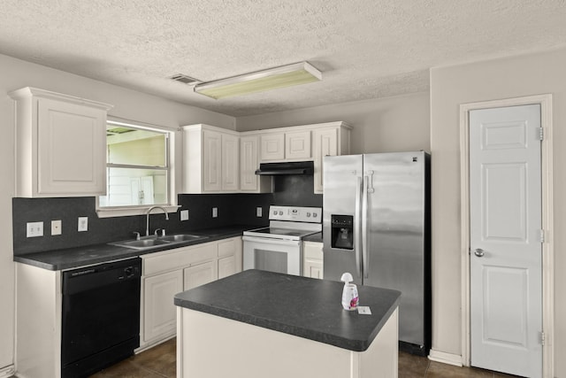 kitchen with dishwasher, electric range, stainless steel fridge with ice dispenser, a sink, and dark countertops