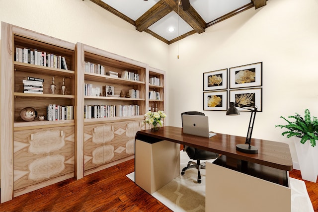 office area featuring coffered ceiling, dark wood-style flooring, and beamed ceiling