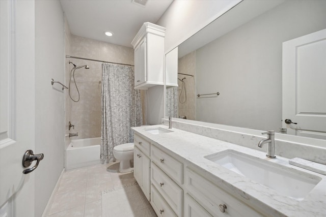4005 Gramercy St, Houston, TX 77025 - full bathroom featuring tile patterned flooring, toilet, shower / bath combination with curtain, double vanity, and recessed lighting